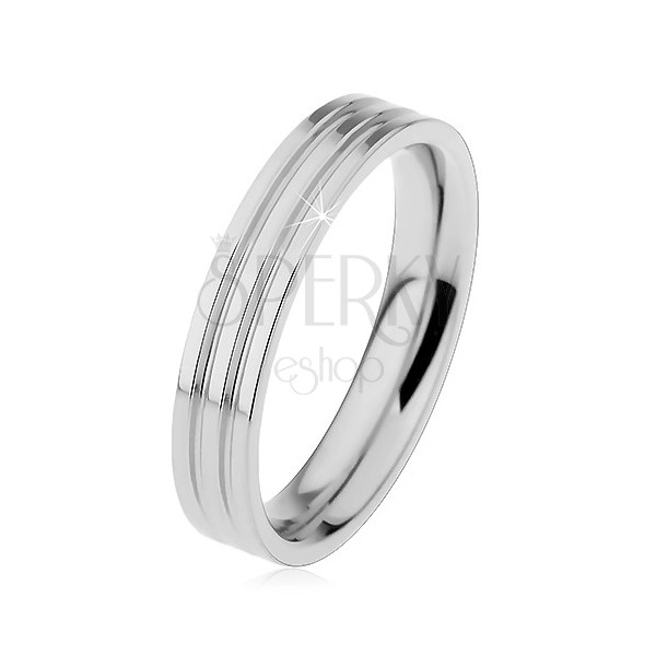 Glänzender Ring aus 316L Stahl in silberner Farbe, zwei längliche Rillen, 4 mm