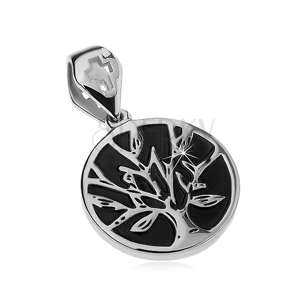 Silberfarbener 316L Edelstahlanhänger, schwarzer Kreis mit Lebensbaum, Kreuz