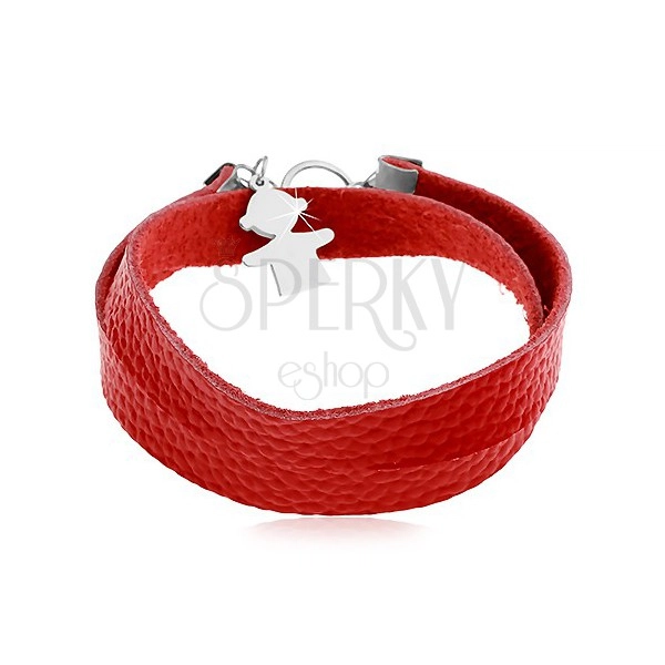 Rotes Armband aus Ökoleder, Anhänger und Verschluss in silberner Farbe