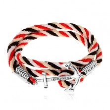 Armband aus Fäden in rot, beige, schwarz und weiß, glänzender Anker