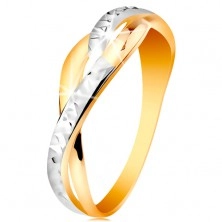 Zweifarbiger Ring in 14K Gold - geteilte wellige Ringschiene, glänzende Verzierung