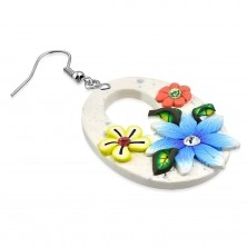 FIMO Ohrhänger, große weiße Ovale mit Blumen und Schlitzloch, Ohrhaken