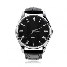 Armbanduhr für Herren, schwarzer Lederriemen, rundes schwarzes Zifferblatt