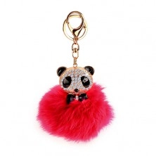 Pinkfarbener Schlüsselanhänger mit Panda - Fellbommel, goldfarbener Karabiner