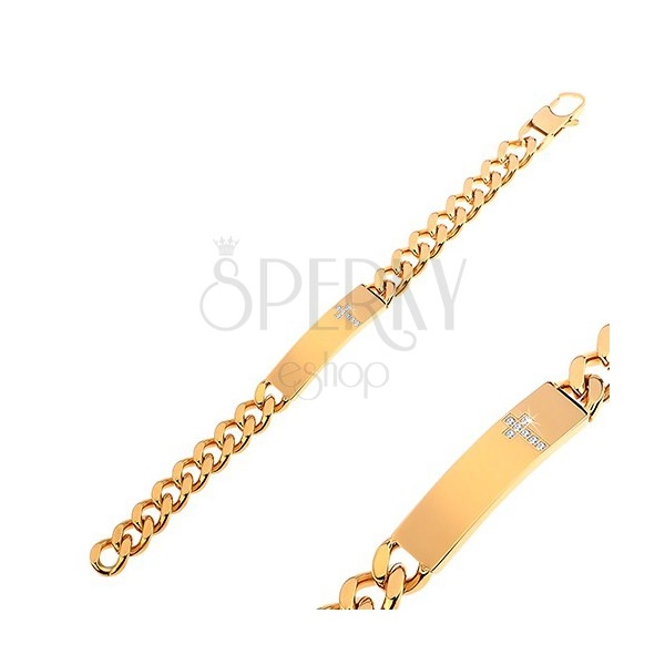 Armband aus Edelstahl, goldfarbene Glieder, Plättchen mit Zirkoniakreuz