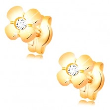 585 Goldohrstecker - glänzende Blume mit klarem Diamanten in der Mitte