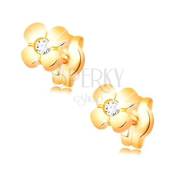 585 Goldohrstecker - glänzende Blume mit klarem Diamanten in der Mitte