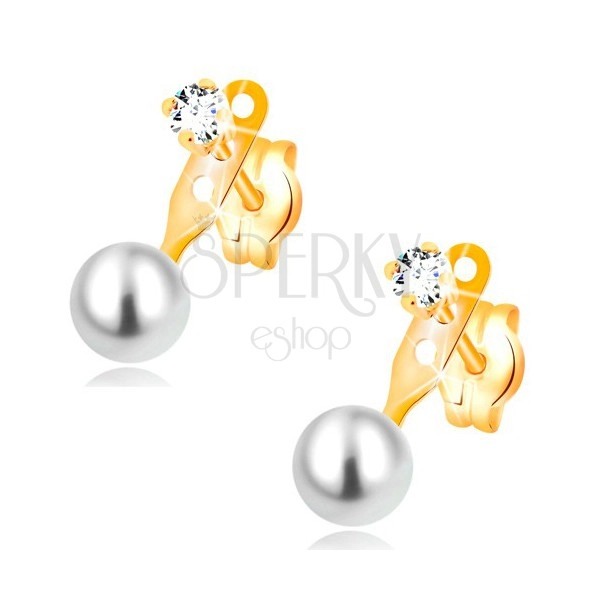 Ohrstecker aus 14K Gelbgold, klarer Zirkonia und weiße runde Perle