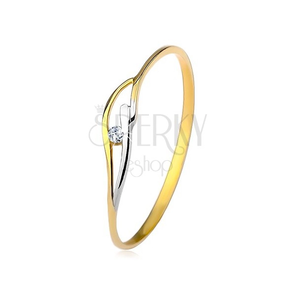 Ring in 14K Gelb- und Weißgold, schmale Ringschiene, Wellen und Zirkonia