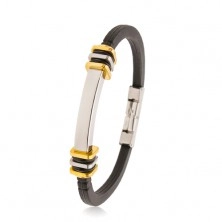 Schwarzes Armband aus Gummi, Edelstahlplättchen, Ringe und Quadrate, silber- und goldfarben
