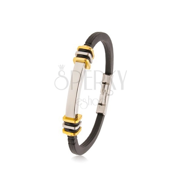 Schwarzes Armband aus Gummi, Edelstahlplättchen, Ringe und Quadrate, silber- und goldfarben
