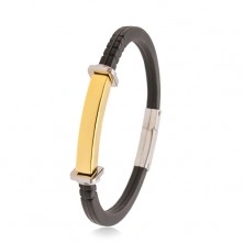 Schwarzes Armband aus Gummi, goldfarbenes Edelstahlplättchen, Ringe und Quadrate