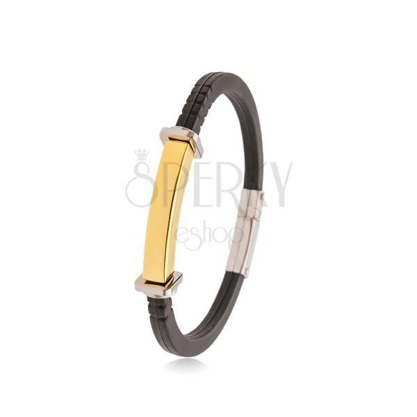 Schwarzes Armband aus Gummi, goldfarbenes Edelstahlplättchen, Ringe und Quadrate