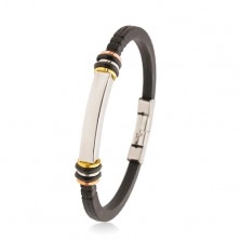 Armband aus schwarzem Gummi, kantiges Stahlplättchen, dreifarbige Kreise