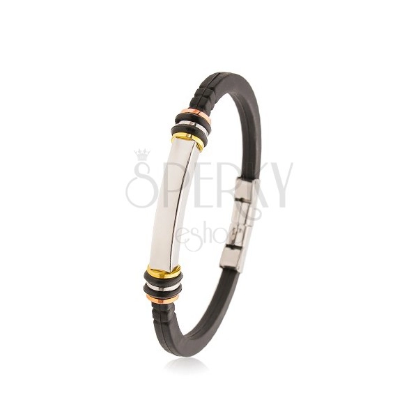 Armband aus schwarzem Gummi, kantiges Stahlplättchen, dreifarbige Kreise