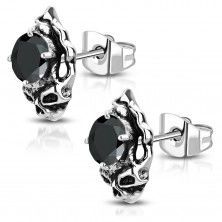 Stahl Ohrringe – patinierter Schädel mit schwarzem rundem Zirkon