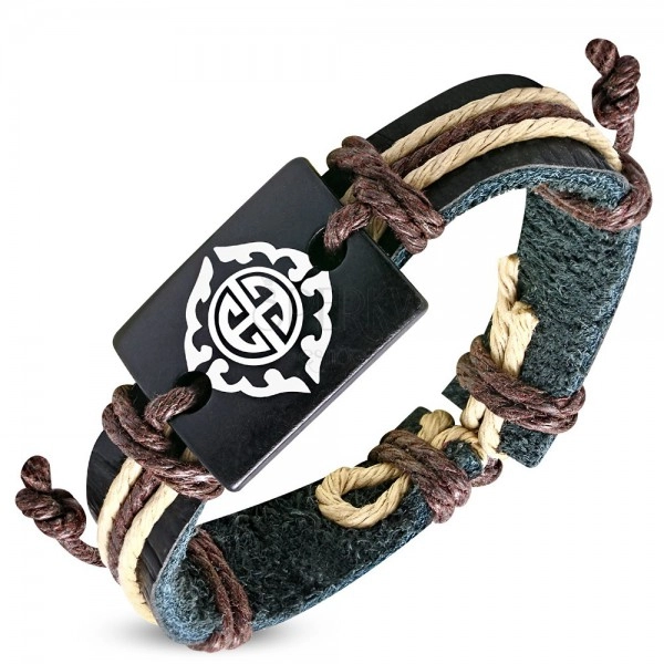 Schwarzes Armband aus Kunstleder und braunen Schnüren, Stammessymbol