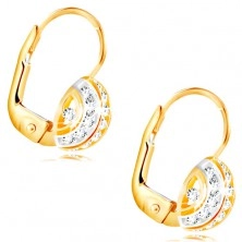 14K Gold Ohrringe – Halbkugel mit Streifen aus Weiß- und Gelbgold, klare Zirkone