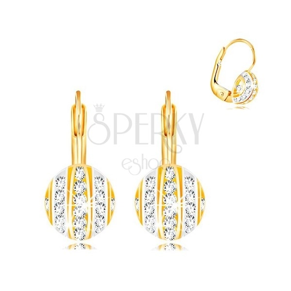 14K Gold Ohrringe – Halbkugel mit Streifen aus Weiß- und Gelbgold, klare Zirkone
