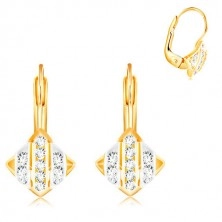 14K Gold Ohrringe – Rhombus mit Streifen aus Weiß- und Gelbgold, klare Zirkone