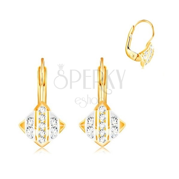 14K Gold Ohrringe – Rhombus mit Streifen aus Weiß- und Gelbgold, klare Zirkone