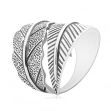 925 Silber Ring, große in entgegengesetzte Richtungen gebogene Blätter, graue Patina