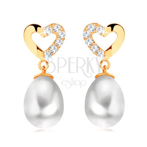 14K Gelbgold Diamant Ohrringe – Herzumriss mit Brillanten, ovale Perle