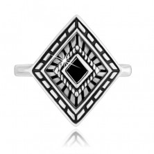 925 Silber Ring, patinierter Rhombus mit schwarzer Glasur in der Mitte
