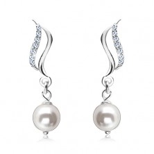 925 Silber Ohrringe, glatte und Zirkon-Welle, weiße runde Perle