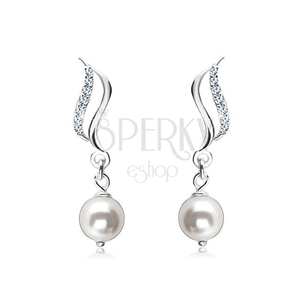 925 Silber Ohrringe, glatte und Zirkon-Welle, weiße runde Perle