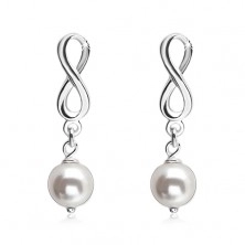 925 Silber Ohrringe, glänzendes Unendlichkeits-Symbol, weiße runde Perle