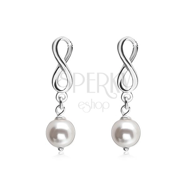 925 Silber Ohrringe, glänzendes Unendlichkeits-Symbol, weiße runde Perle