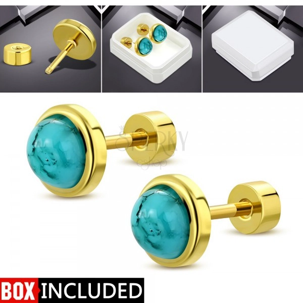 Ohrringe mit Schraubverschluss in goldener Farbe, 316L Stahl, Kreis mit einer türkisblauen Mitte