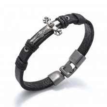 Schwarzes Armband aus synthetischem Leder, patiniertes Kreuz in silberner Farbe, Schnur