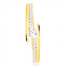 585 Gold Ring - geteilte Ringschiene mit der Kombination aus Weißgold, gewölbter klarer Zirkon in klarer Farbe