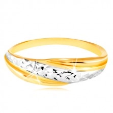 585 Gold Ring - Linie aus Weiß und Gelb Gold, glitzernde geschliffene Oberfläche
