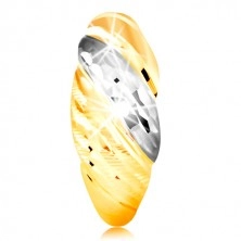 585 Gold Ring - gewölbter Streifen aus Gelb und Weißgold, glitzernde Einschnitte