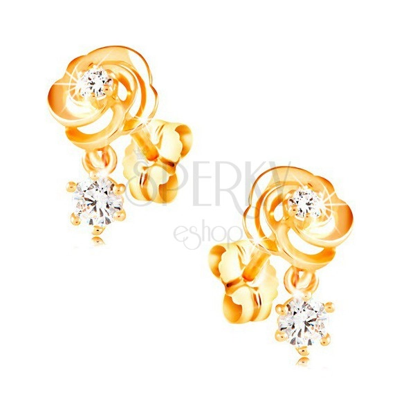 Ohrringe aus 14K Gelbgold, Rosenblüte mit klaren Zirkonen, Ohrstecker