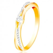 14K Gold Ring, geteilte Ringschiene aus Gelb und Weißgold, klare Zirkone