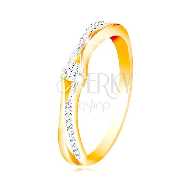 14K Gold Ring, geteilte Ringschiene aus Gelb und Weißgold, klare Zirkone