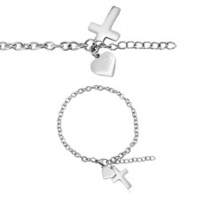 Edelstahl Armband in silberner Farbe, ovale Glieder, Herz und Kreuz