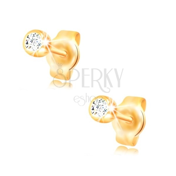 14K Gelbgold Ohrringe - runder klarer Zirkon in einer glänzenden Fassung, 3 mm