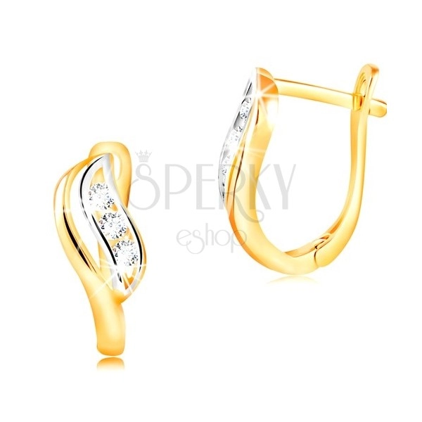 14K Gold Ohrringe - zweifarbiges Blatt mit einem Einschnitt und klaren Zirkonen geschmückt