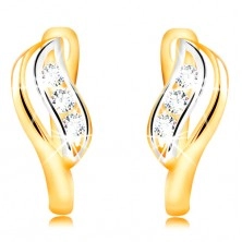 14K Gold Ohrringe - zweifarbiges Blatt mit einem Einschnitt und klaren Zirkonen geschmückt