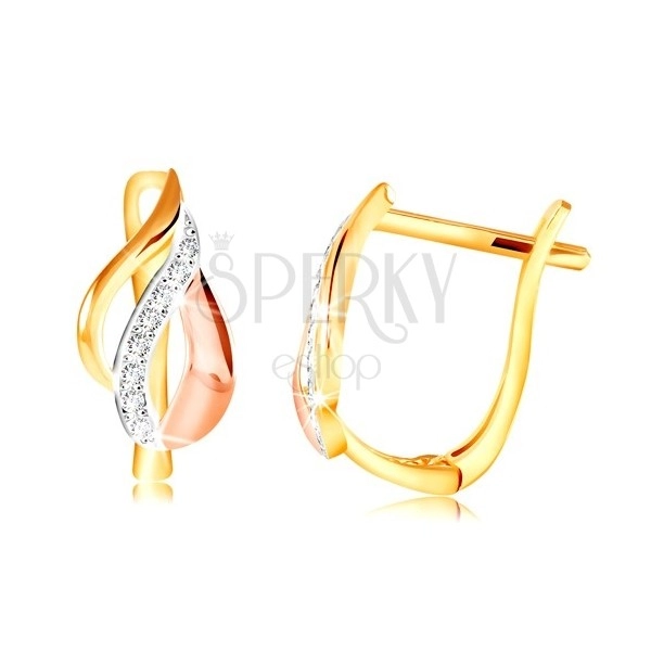14K Gold Ohrringe - Blatt aus Bogen in drei Farbtönen aus Gold, klare Zirkone