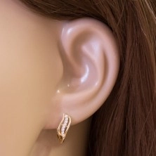 14K Gold Ohrringe - zweifarbige Blume mit einer Linie aus klaren Zirkonen