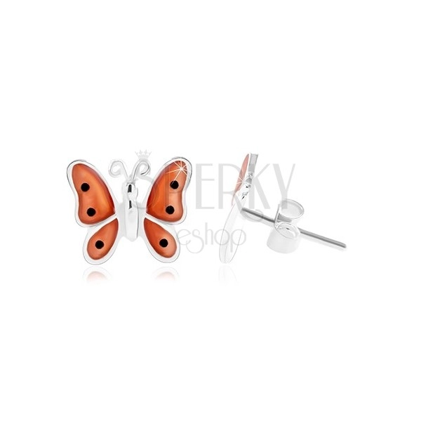 925 Silber Ohrringe, Schmetterling mit orange glasierten Flügeln