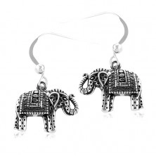 925 Silber Set, Ohrringe und Anhänger, eingravierter Elefant mit schwarzer Patina