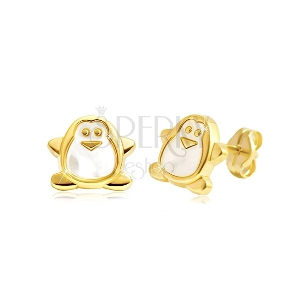 Ohrringe aus 585 Gelbgold - Pinguin mit weißem Perlmutt, Ohrstecker