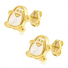 Ohrringe aus 585 Gelbgold - Pinguin mit weißem Perlmutt, Ohrstecker